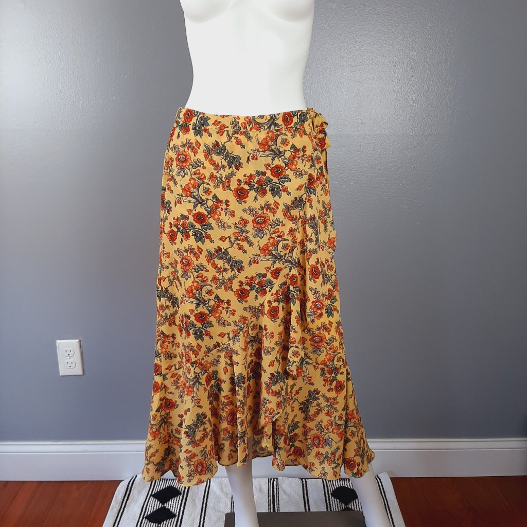 Max Studio Faux Wrap Skirt Women's Size Xs Yellow Floral Print Side Tie Ruffle